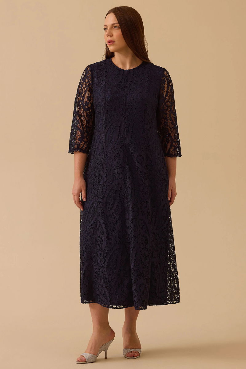 Galaxi Kadın Büyük Beden Midi Dantel Elbise 4003 Lacivert - Galaxi