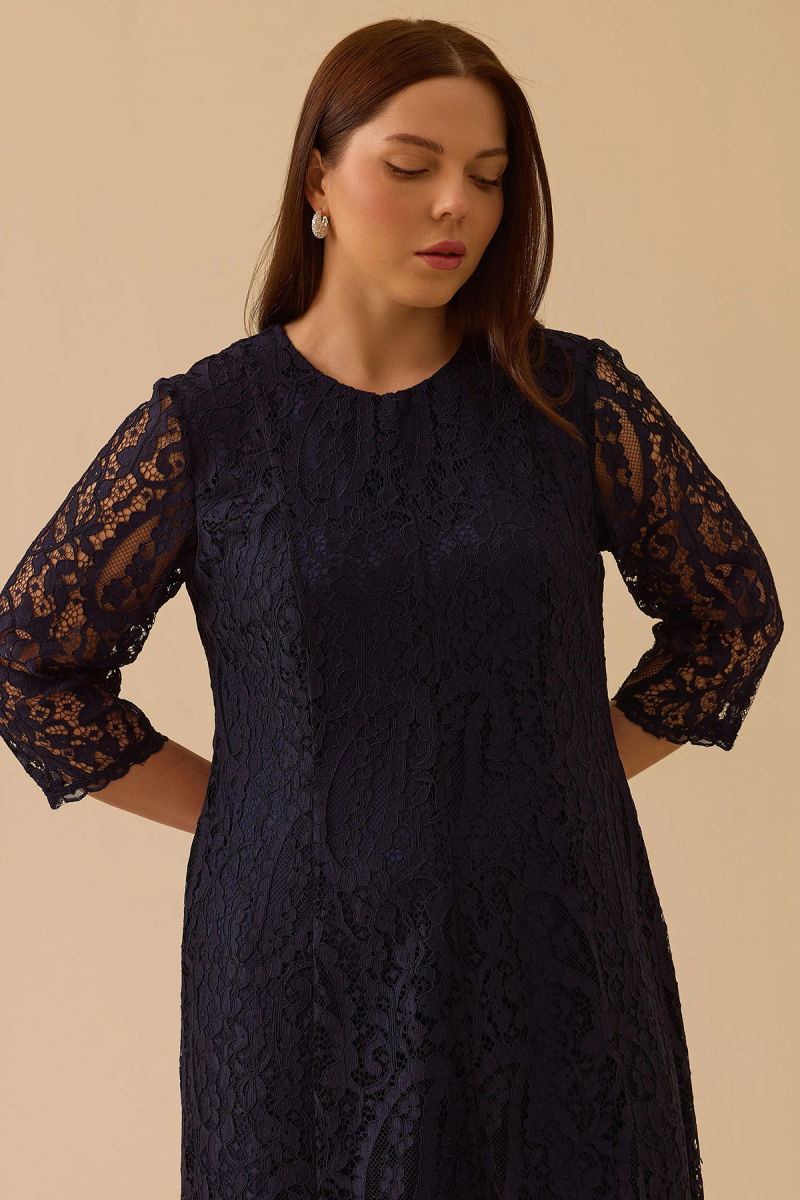 Galaxi Kadın Büyük Beden Midi Dantel Elbise 4003 Lacivert - 2