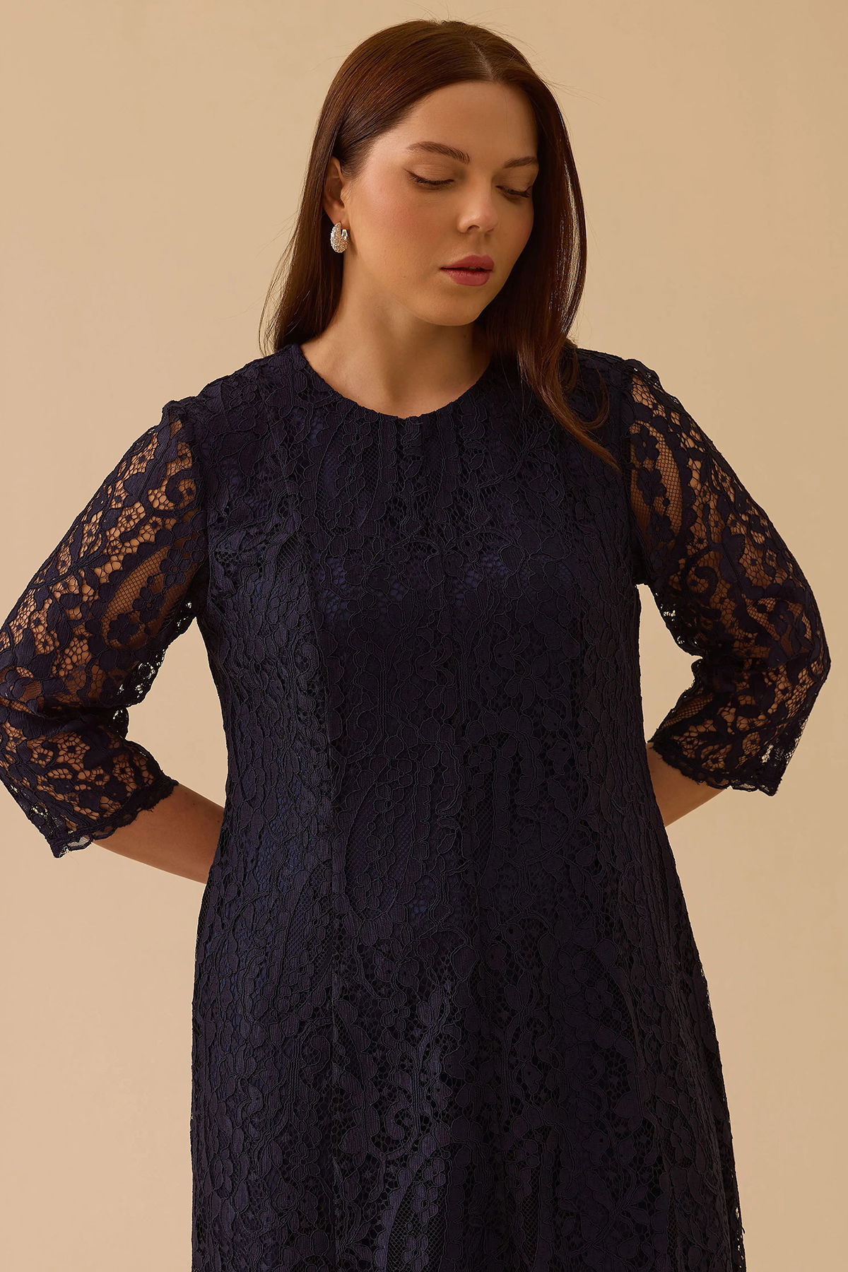 Galaxi Kadın Büyük Beden Midi Dantel Elbise 4003 Lacivert - 2