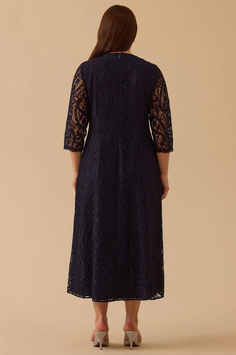 Galaxi Kadın Büyük Beden Midi Dantel Elbise 4003 Lacivert - 4
