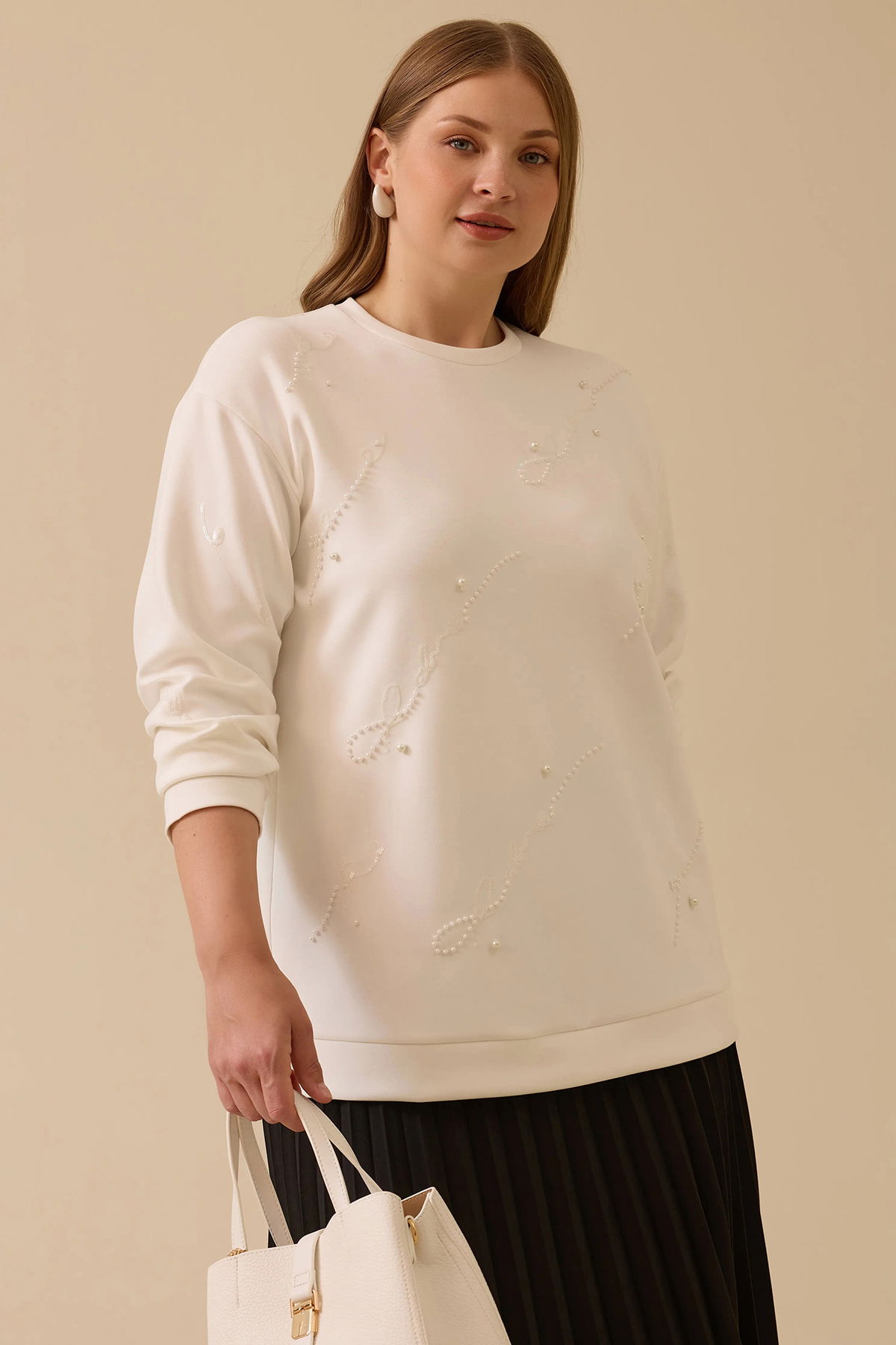 Galaxi Kadın Büyük Beden Nakış Detaylı Boncuklu Sweatshirt 4005 Ekru - 1