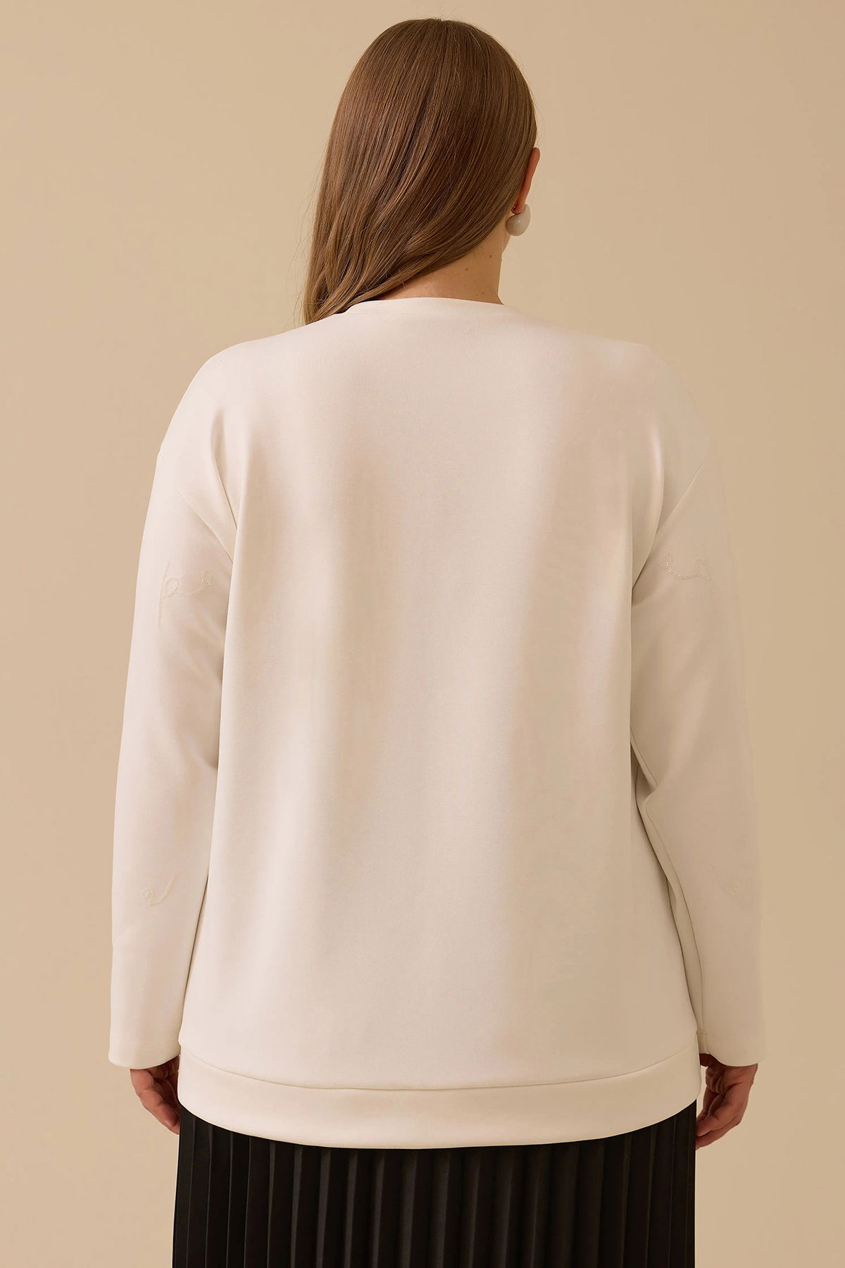 Galaxi Kadın Büyük Beden Nakış Detaylı Boncuklu Sweatshirt 4005 Ekru - 4
