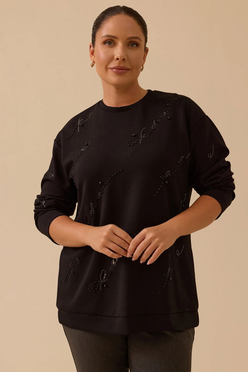 Galaxi Kadın Büyük Beden Nakış Detaylı Boncuklu Sweatshirt 4005 Siyah - 2