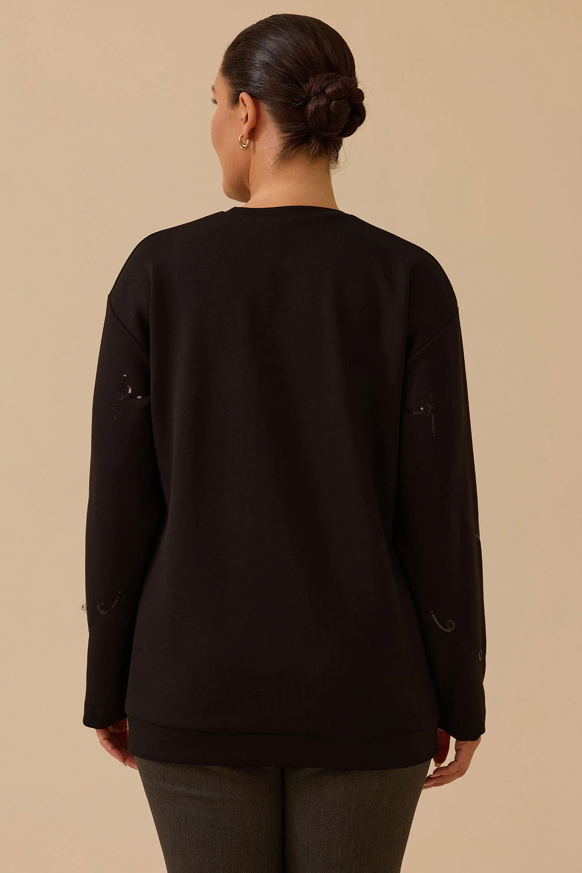 Galaxi Kadın Büyük Beden Nakış Detaylı Boncuklu Sweatshirt 4005 Siyah - 4