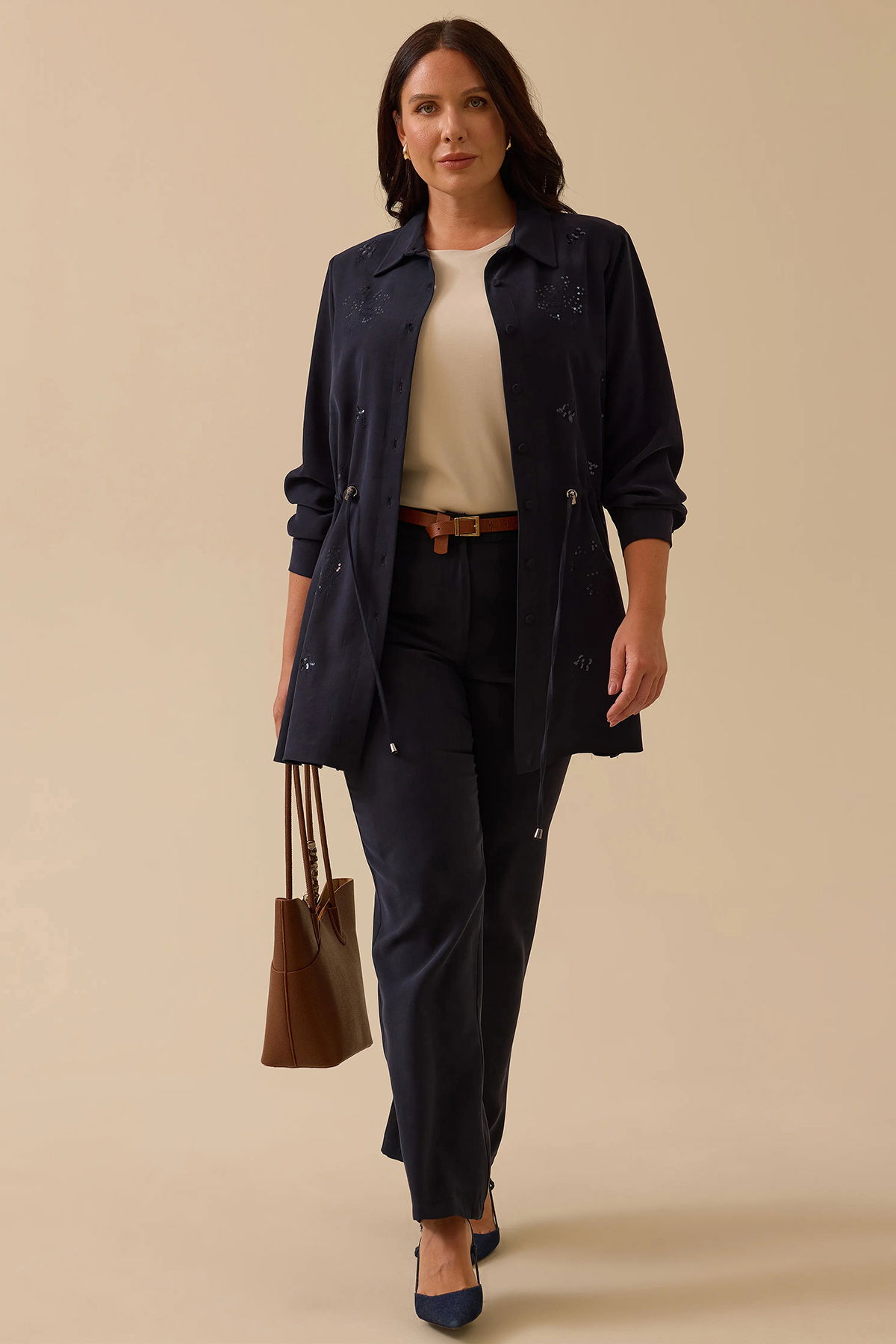 Galaxi Kadın Büyük Beden Pul İşlemeli Bağcıklı Kap 4002 Lacivert - 2