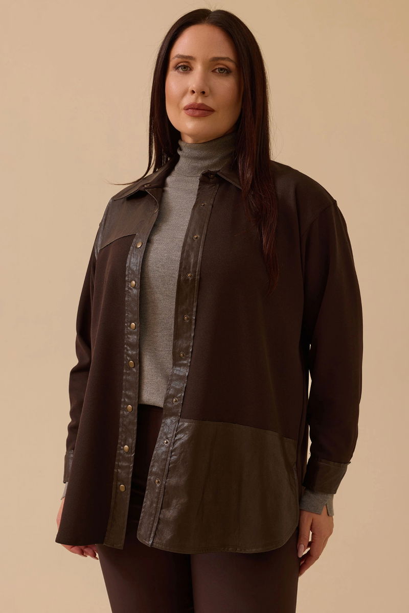 Galaxi Kadın Büyük Beden Suni Deri Detaylı Gömlek 4024 Kahverengi - 2