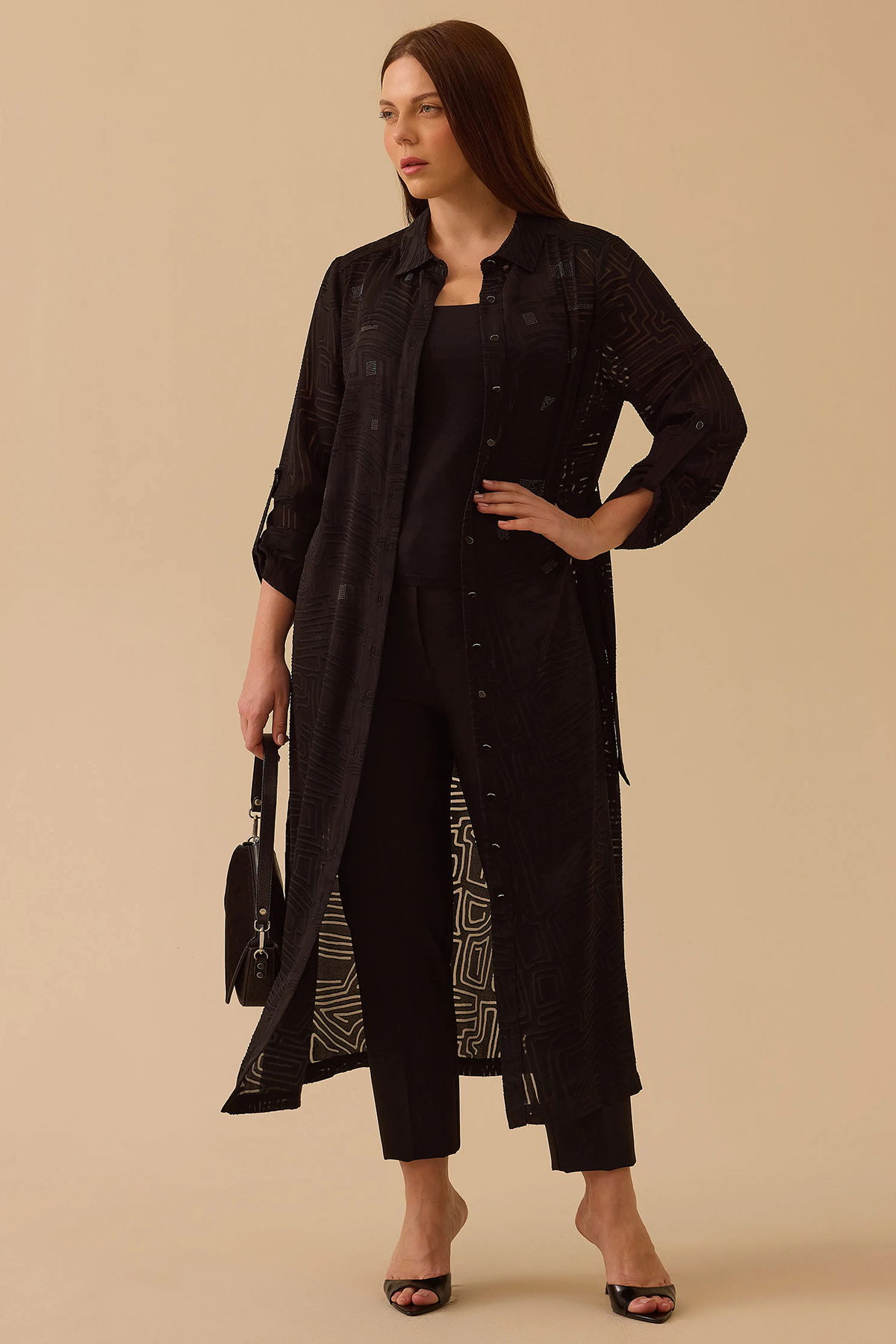 Galaxi Kadın Büyük Beden Taş Detaylı Desenli Uzun Tunik 4002 Siyah - 1