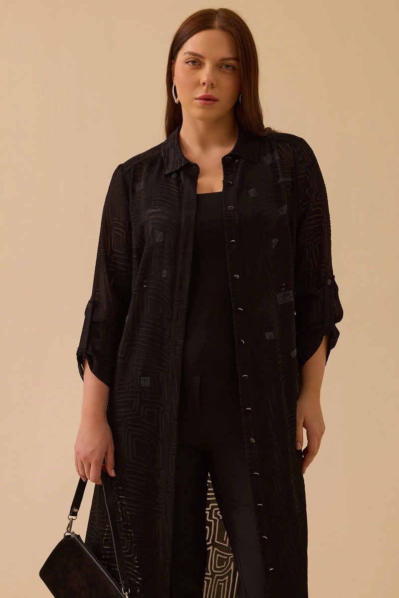 Galaxi Kadın Büyük Beden Taş Detaylı Desenli Uzun Tunik 4002 Siyah - 2