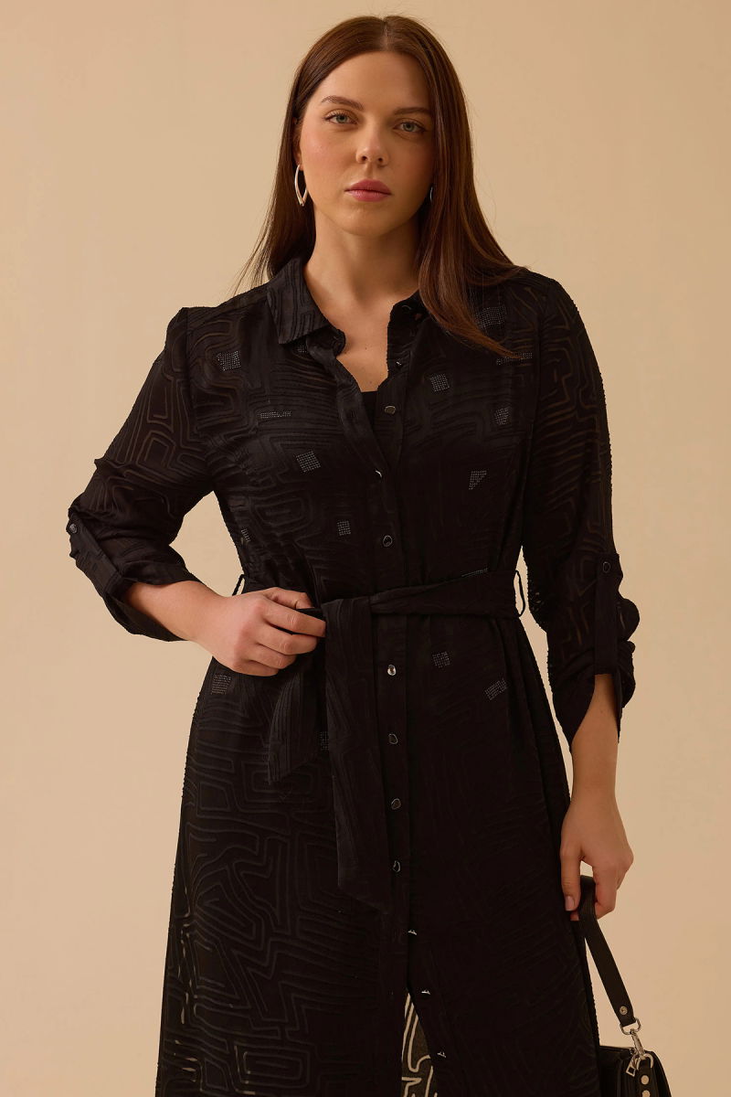 Galaxi Kadın Büyük Beden Taş Detaylı Desenli Uzun Tunik 4002 Siyah - 3