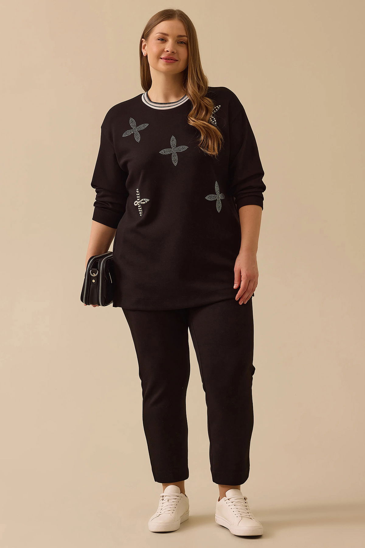 Galaxi Kadın Büyük Beden Taş Detaylı Sweatshirt 4002 Siyah - 1