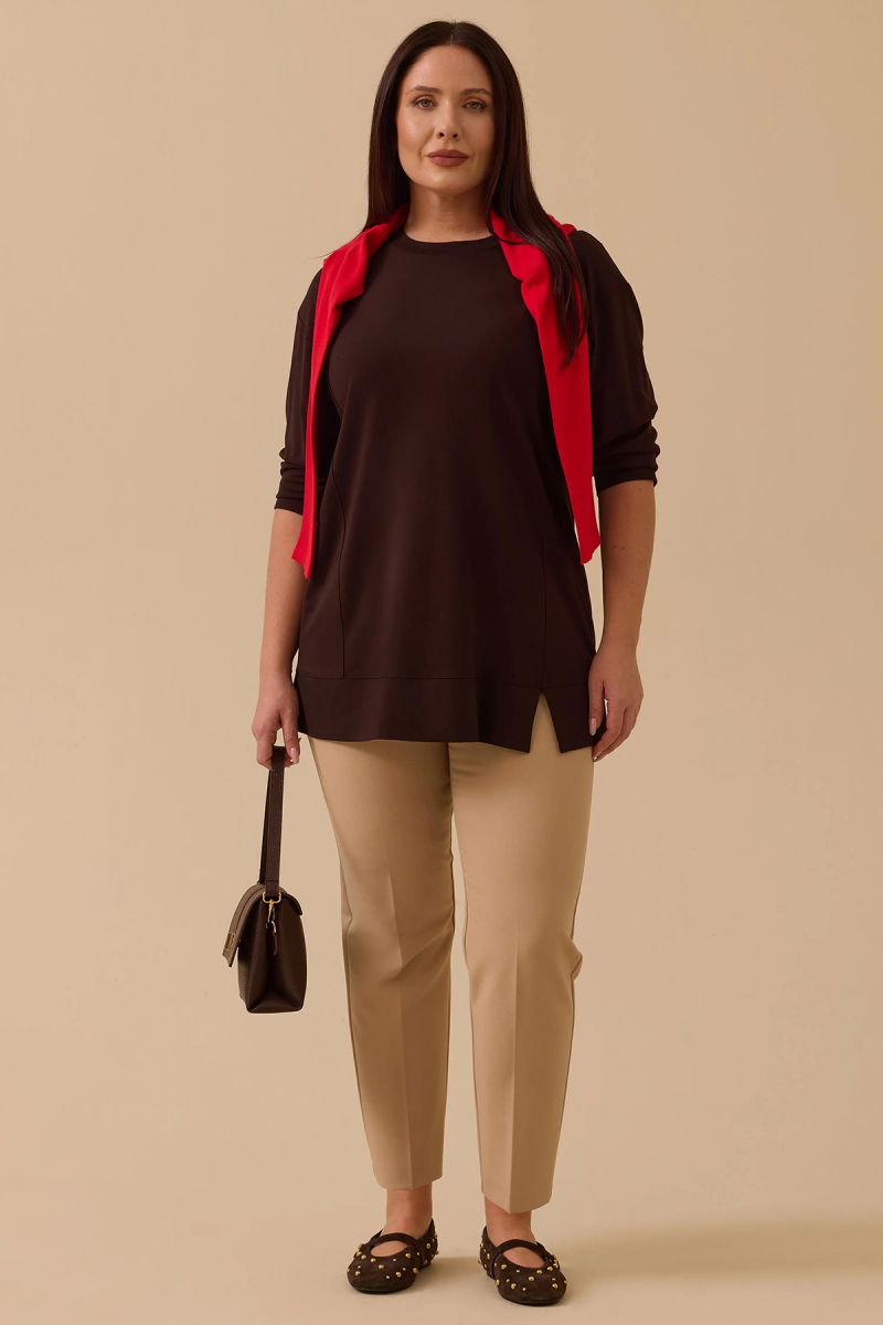 Galaxi Kadın Büyük Beden Uzun Kollu Basic Tunik 4014 Kahverengi - Galaxi