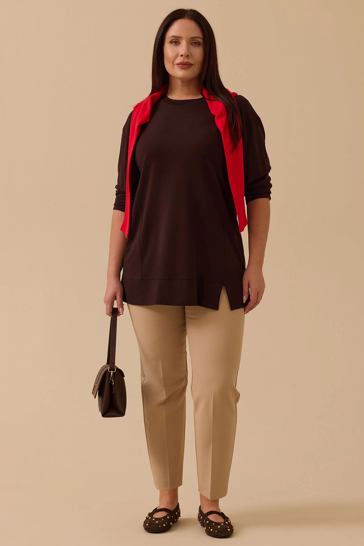 Galaxi Kadın Büyük Beden Uzun Kollu Basic Tunik 4014 Kahverengi - 1