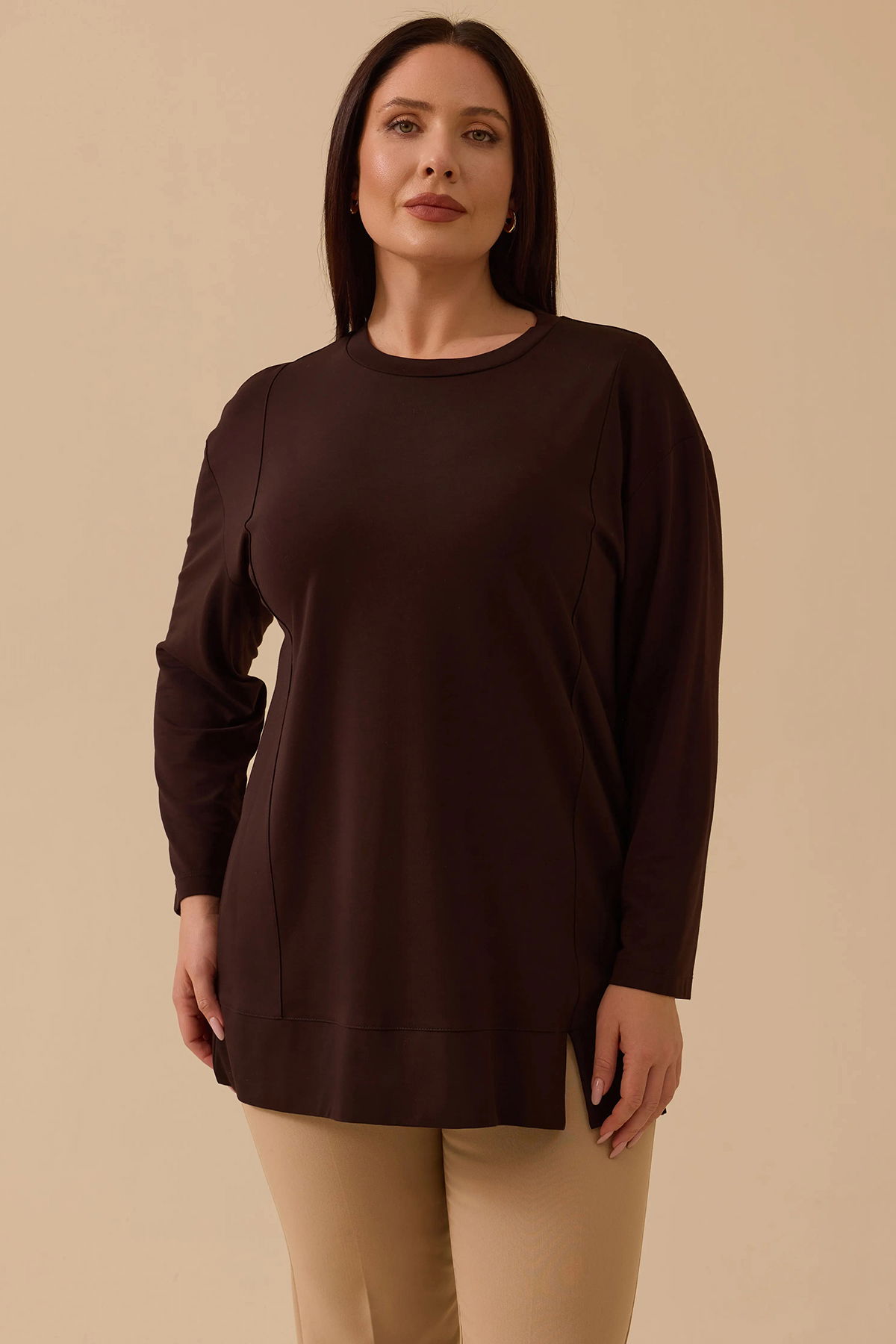 Galaxi Kadın Büyük Beden Uzun Kollu Basic Tunik 4014 Kahverengi - 2