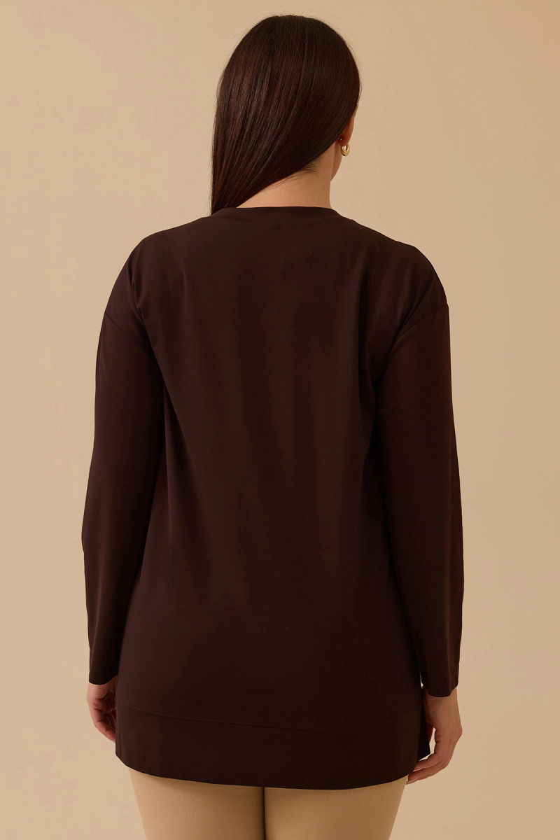 Galaxi Kadın Büyük Beden Uzun Kollu Basic Tunik 4014 Kahverengi - 4