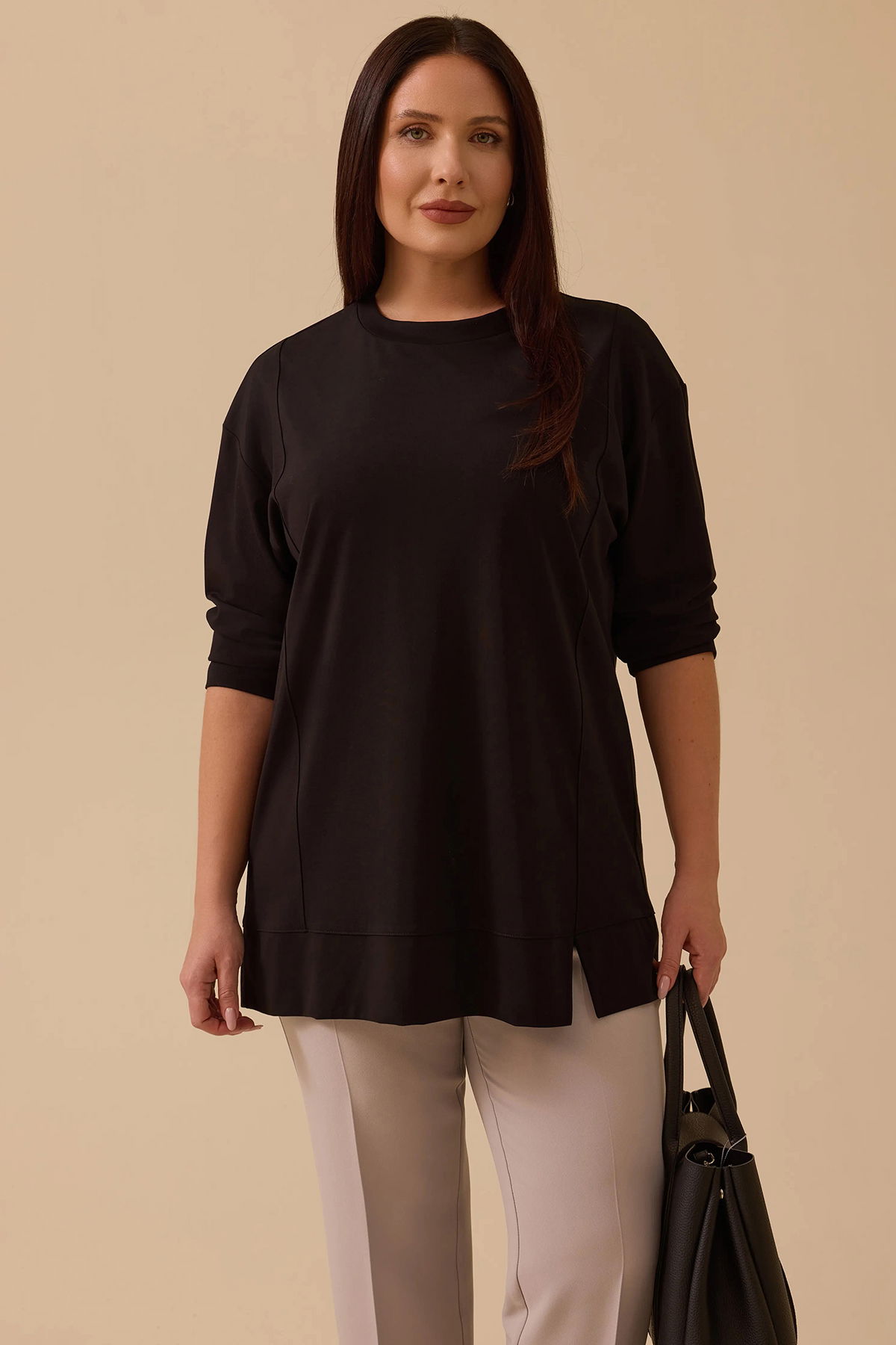 Galaxi Kadın Büyük Beden Uzun Kollu Basic Tunik 4014 Siyah - 1