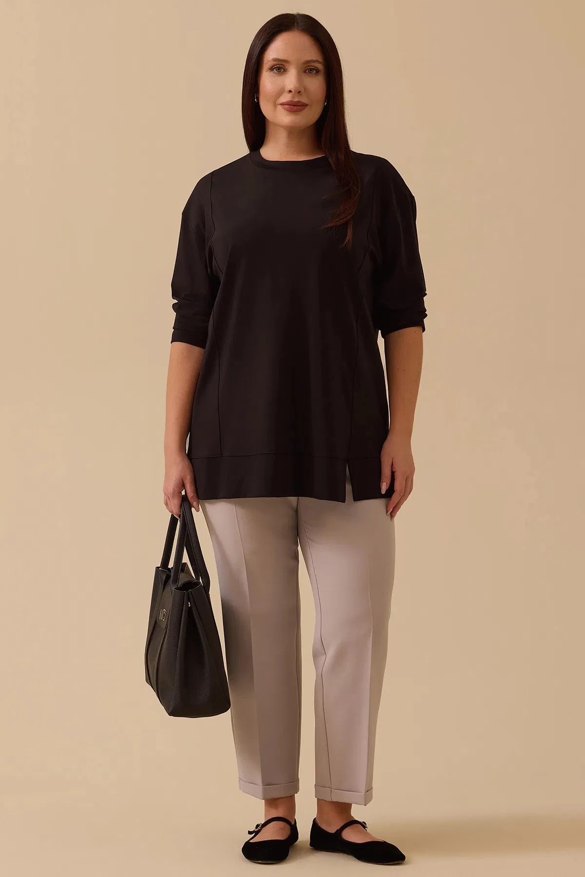 Galaxi Kadın Büyük Beden Uzun Kollu Basic Tunik 4014 Siyah - 2