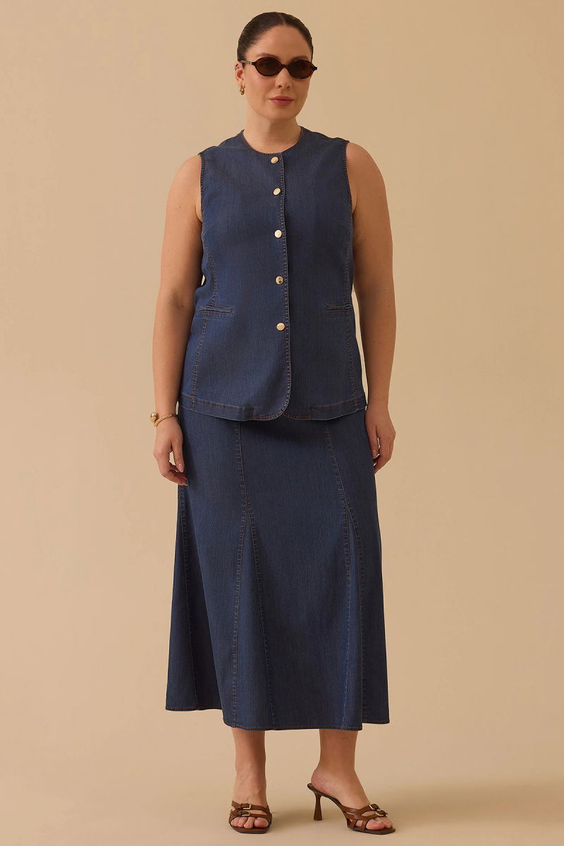 Galaxi Kadın Büyük Beden Yarı Elastik Bel Jean Etek 4005 Lacivert - Galaxi