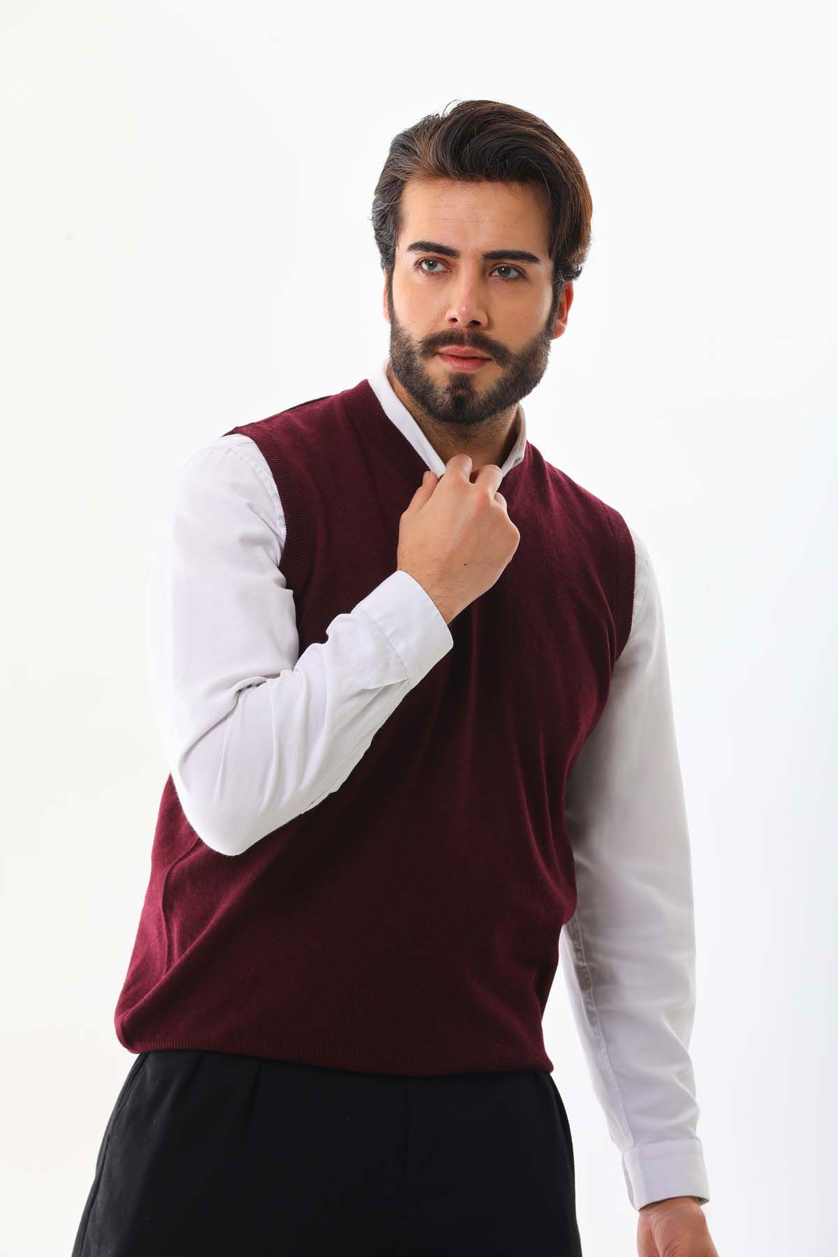 Günay Erkek V Yaka Yün Süveter 0108 Bordo - 1