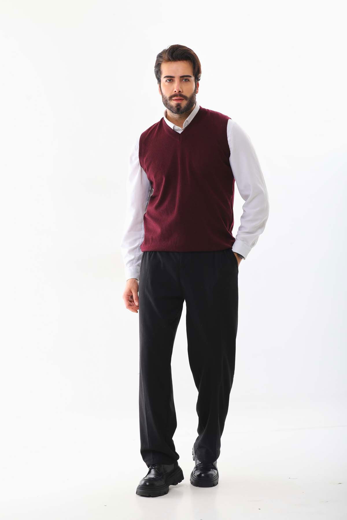 Günay Erkek V Yaka Yün Süveter 0108 Bordo - 2