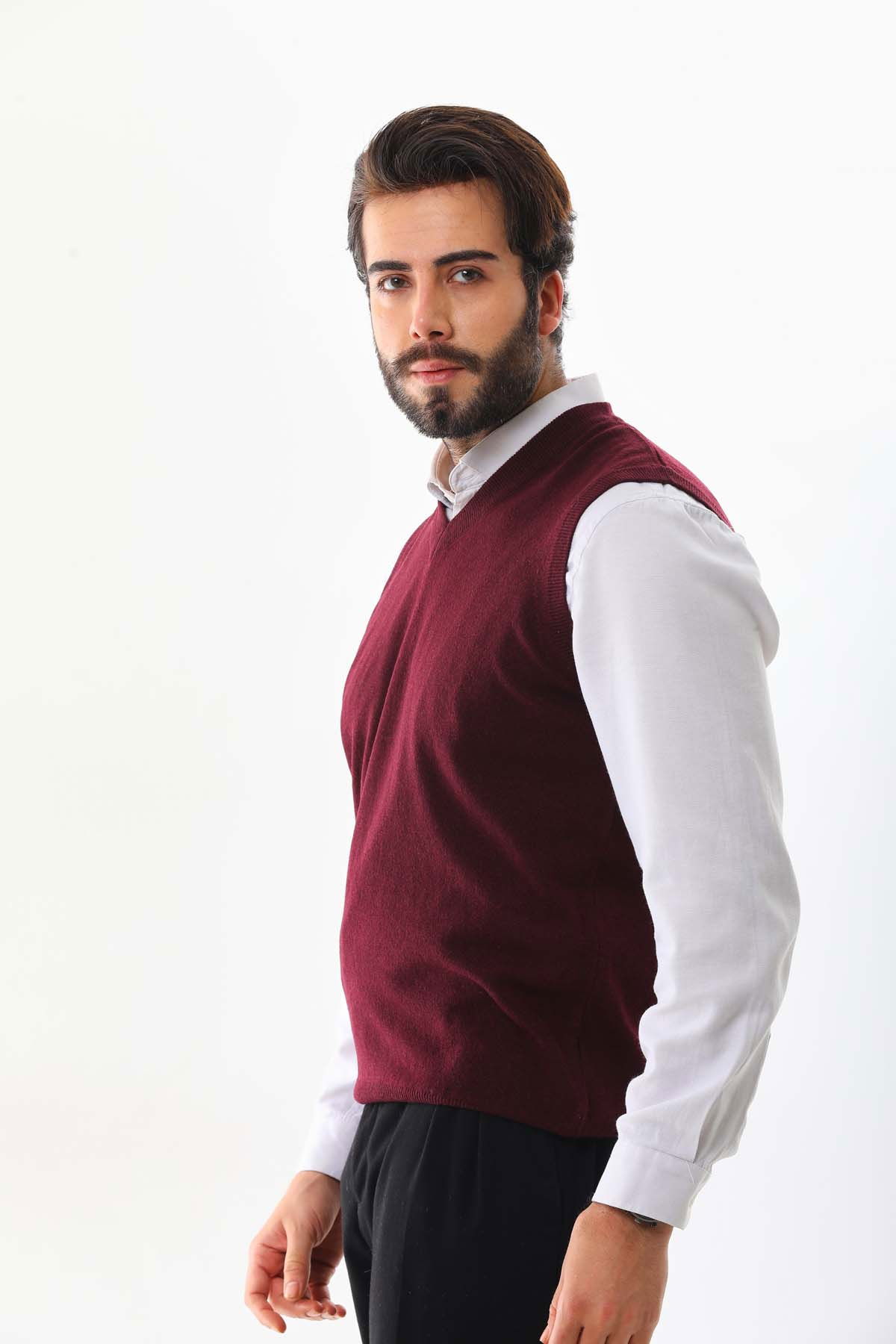 Günay Erkek V Yaka Yün Süveter 0108 Bordo - 3