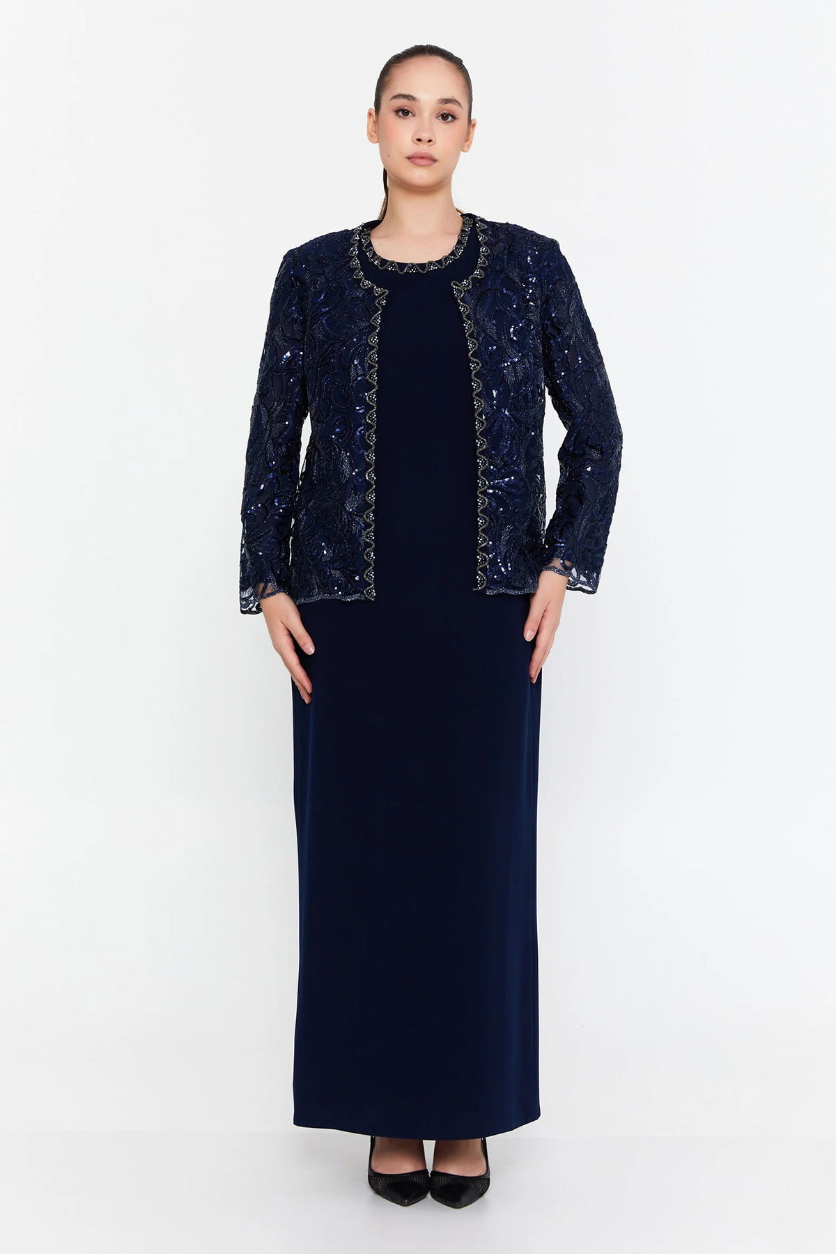 Güzelyalı Kadın Büyük Beden İşleme Detaylı İki Parça Abiye Takım 1047 Lacivert - 1