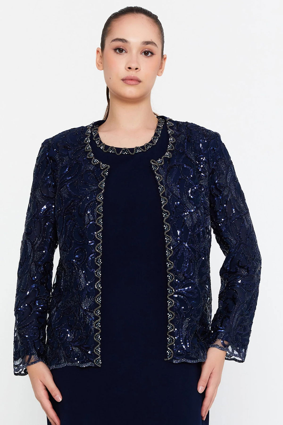 Güzelyalı Kadın Büyük Beden İşleme Detaylı İki Parça Abiye Takım 1047 Lacivert - 3