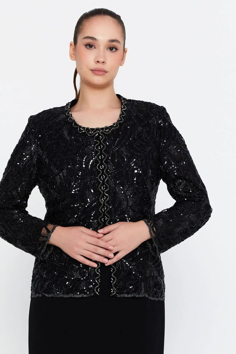 Güzelyalı Kadın Büyük Beden İşleme Detaylı İki Parça Abiye Takım 1047 Siyah - 3