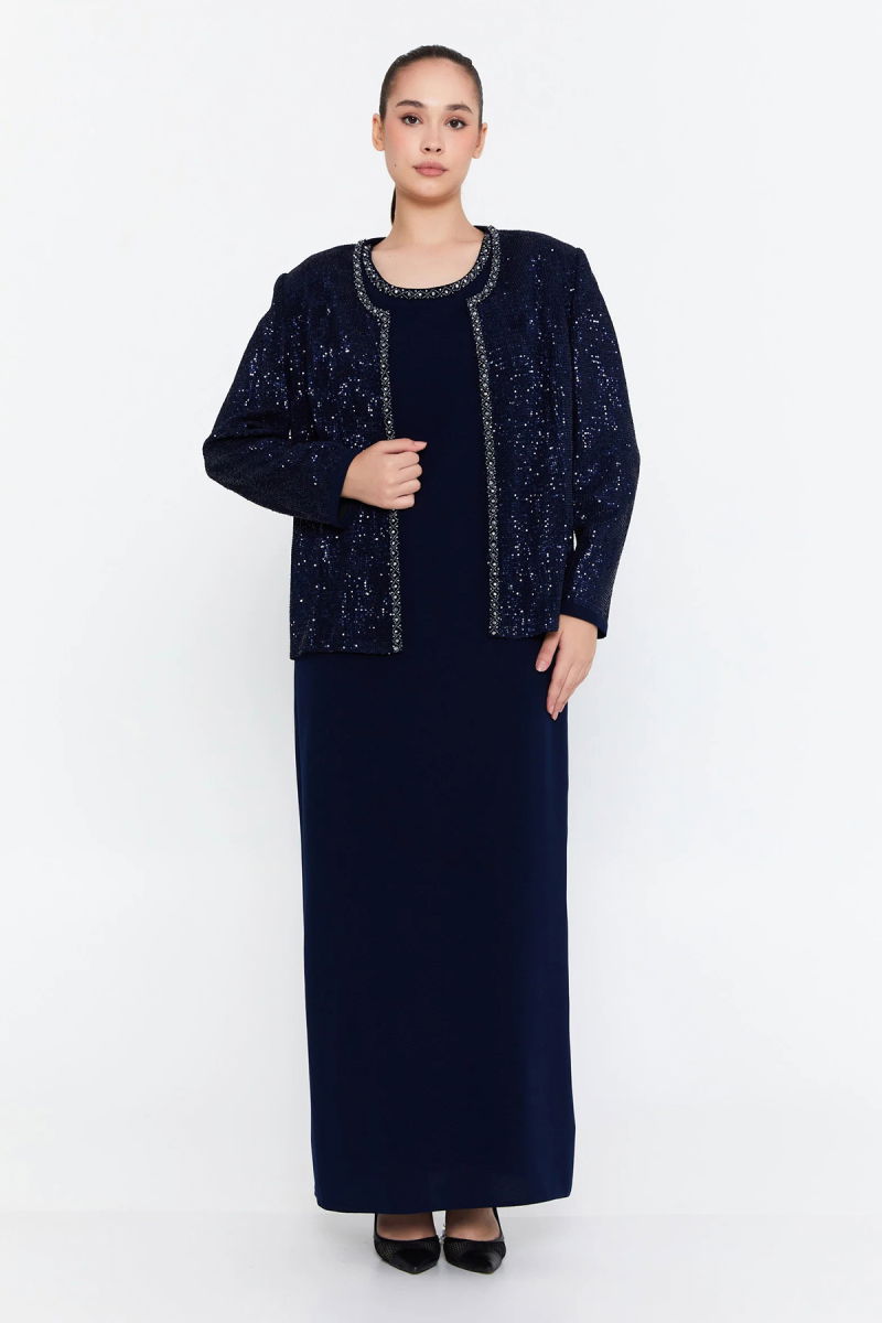 Güzelyalı Kadın Büyük Beden Taş İşlemeli İki Parça Abiye Takım 1043 Lacivert - Güzelyalı