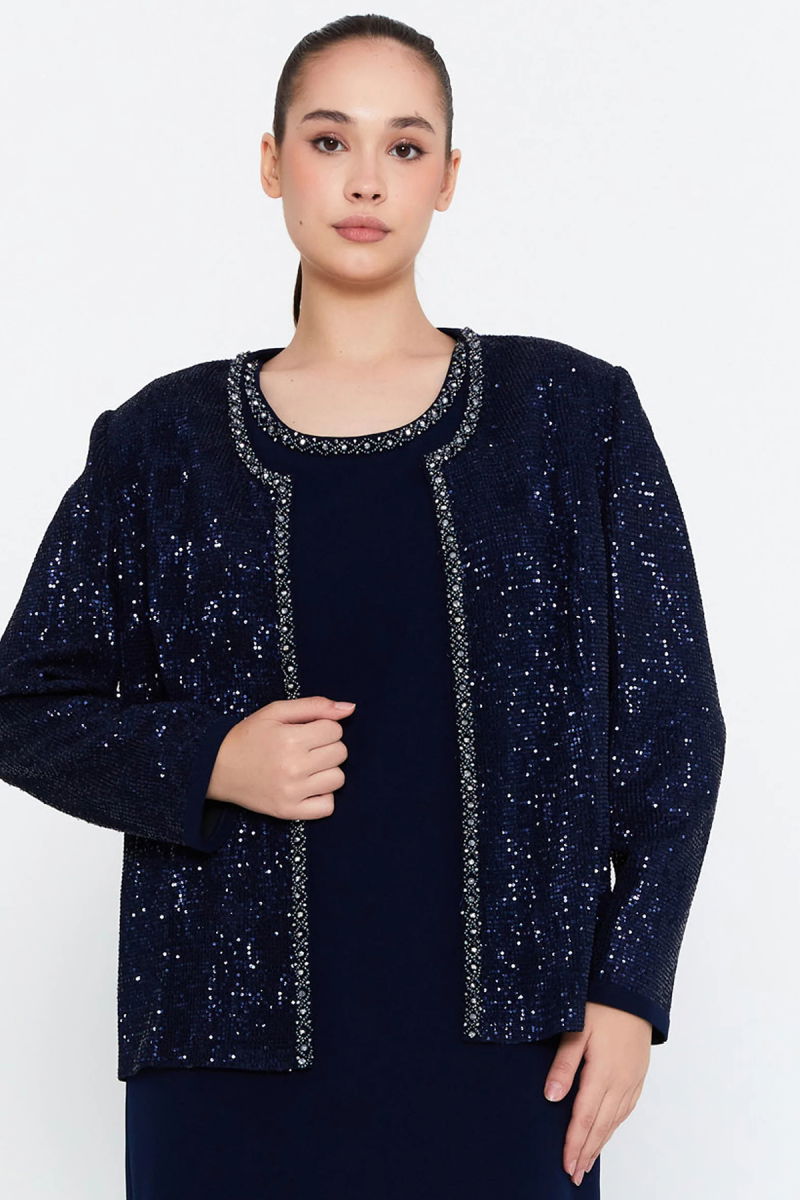 Güzelyalı Kadın Büyük Beden Taş İşlemeli İki Parça Abiye Takım 1043 Lacivert - 3