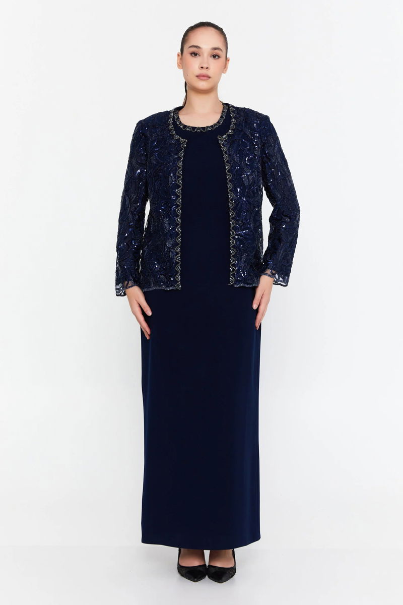 Güzelyalı Kadın Büyük Beden Taş İşlemeli Uzun Abiye Takım 1047 Lacivert - Güzelyalı