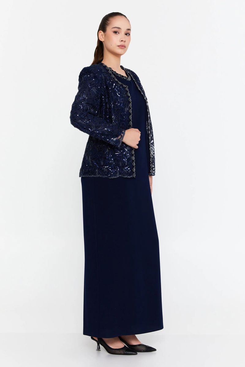 Güzelyalı Kadın Büyük Beden Taş İşlemeli Uzun Abiye Takım 1047 Lacivert - 2