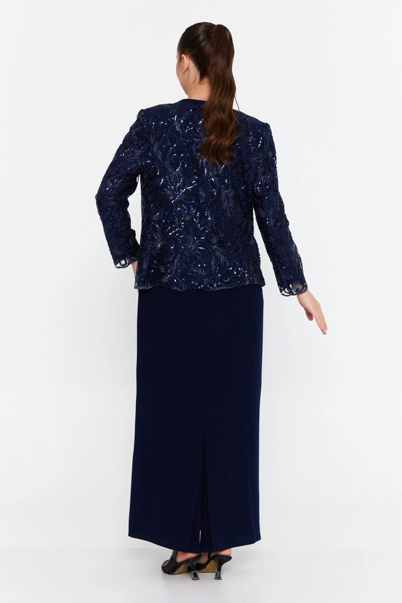 Güzelyalı Kadın Büyük Beden Taş İşlemeli Uzun Abiye Takım 1047 Lacivert - 4