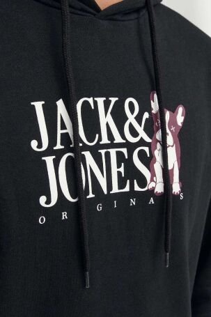 Jack & Jones Erkek Beware Baskılı Kapüşonlu Sweatshirt 12244219 Siyah - 2