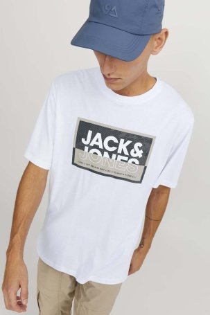 Jack & Jones Erkek Jcologan Baskı Detaylı Bisiklet Yaka T-Shirt 12253442 Beyaz - 1