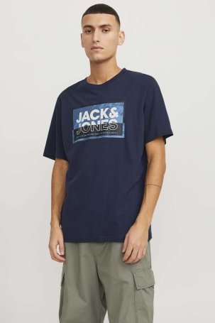 Jack & Jones Erkek Jcologan Baskı Detaylı Bisiklet Yaka T-Shirt 12253442 Lacivert 