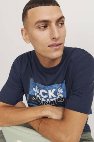 Jack & Jones Erkek Jcologan Baskı Detaylı Bisiklet Yaka T-Shirt 12253442 Lacivert 