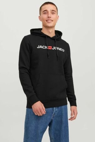 Jack & Jones Erkek Jjecorp Baskılı Kapüşonlu Sweatshirt 12137054 Siyah 
