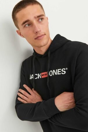 Jack & Jones Erkek Jjecorp Baskılı Kapüşonlu Sweatshirt 12137054 Siyah - 3