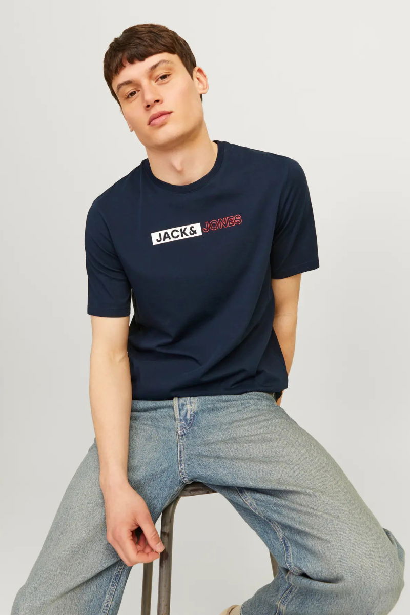 Jack & Jones Erkek Jjecorp Logo Detaylı Kısa Kollu %100 Pamuk T-Shirt 12233999 Koyu Lacivert 