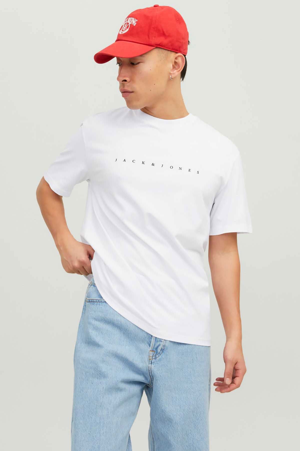 Jack & Jones Erkek Jjestar Bisiklet Yaka Baskılı T-Shirt 12234746 Beyaz - 1