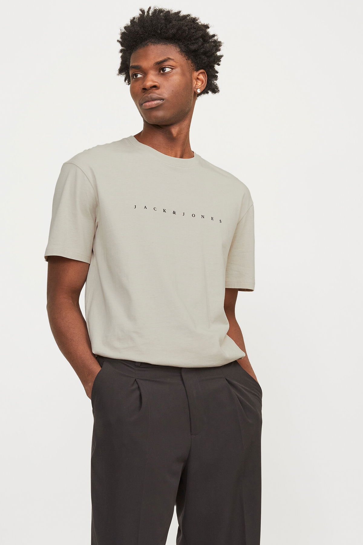 Jack & Jones Erkek Jjestar Bisiklet Yaka Baskılı T-Shirt 12234746 Taş - 1