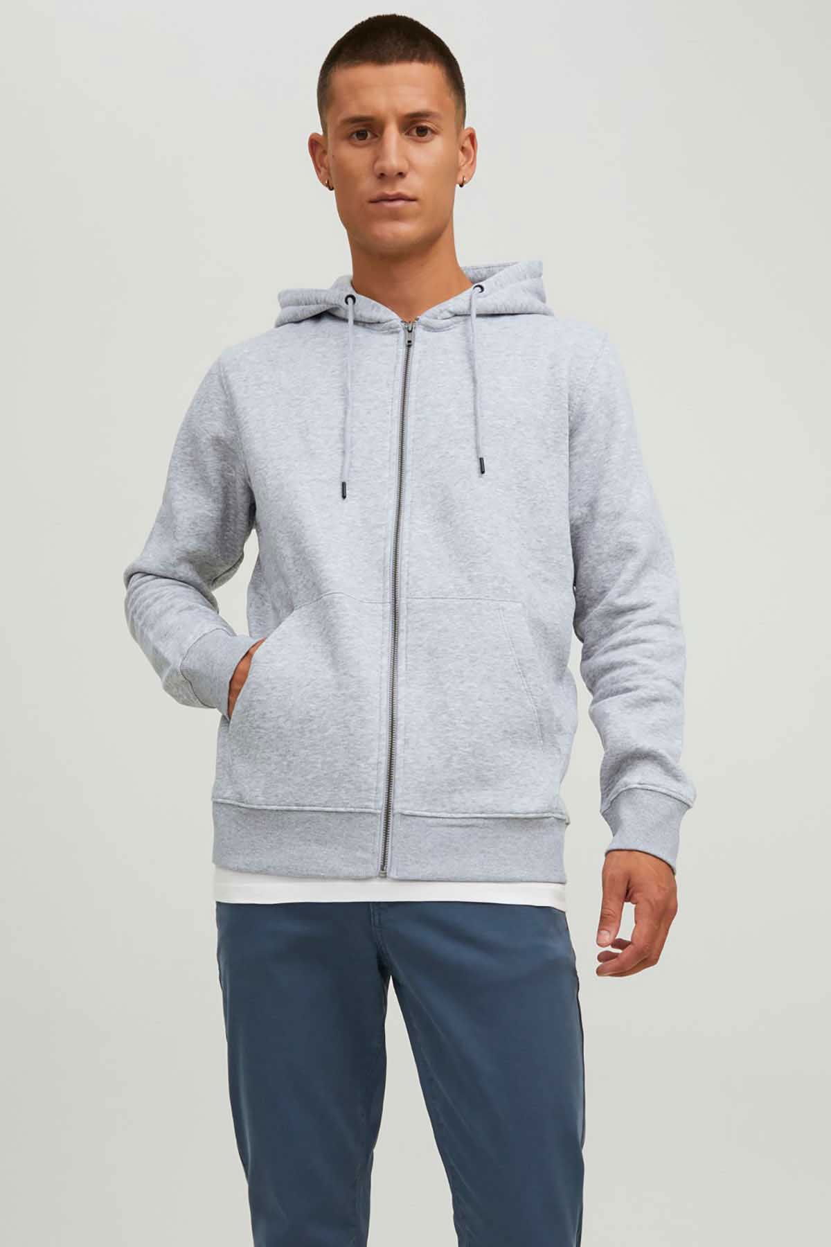 Jack & Jones Erkek Jjestar Çift Cepli Fermuar Kapamalı Kapüşonlu Sweatshirt 12210830 Açık Gri - 1