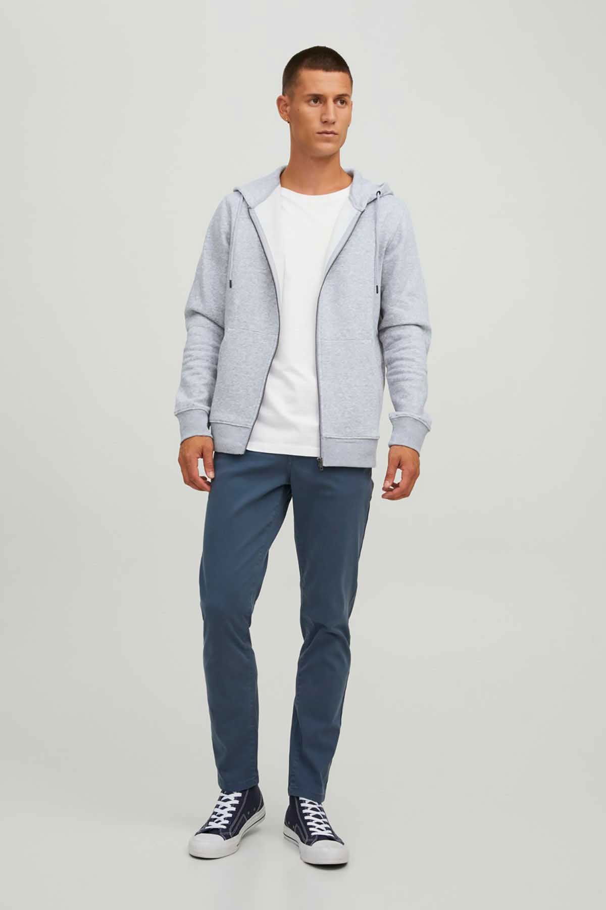 Jack & Jones Erkek Jjestar Çift Cepli Fermuar Kapamalı Kapüşonlu Sweatshirt 12210830 Açık Gri - 2