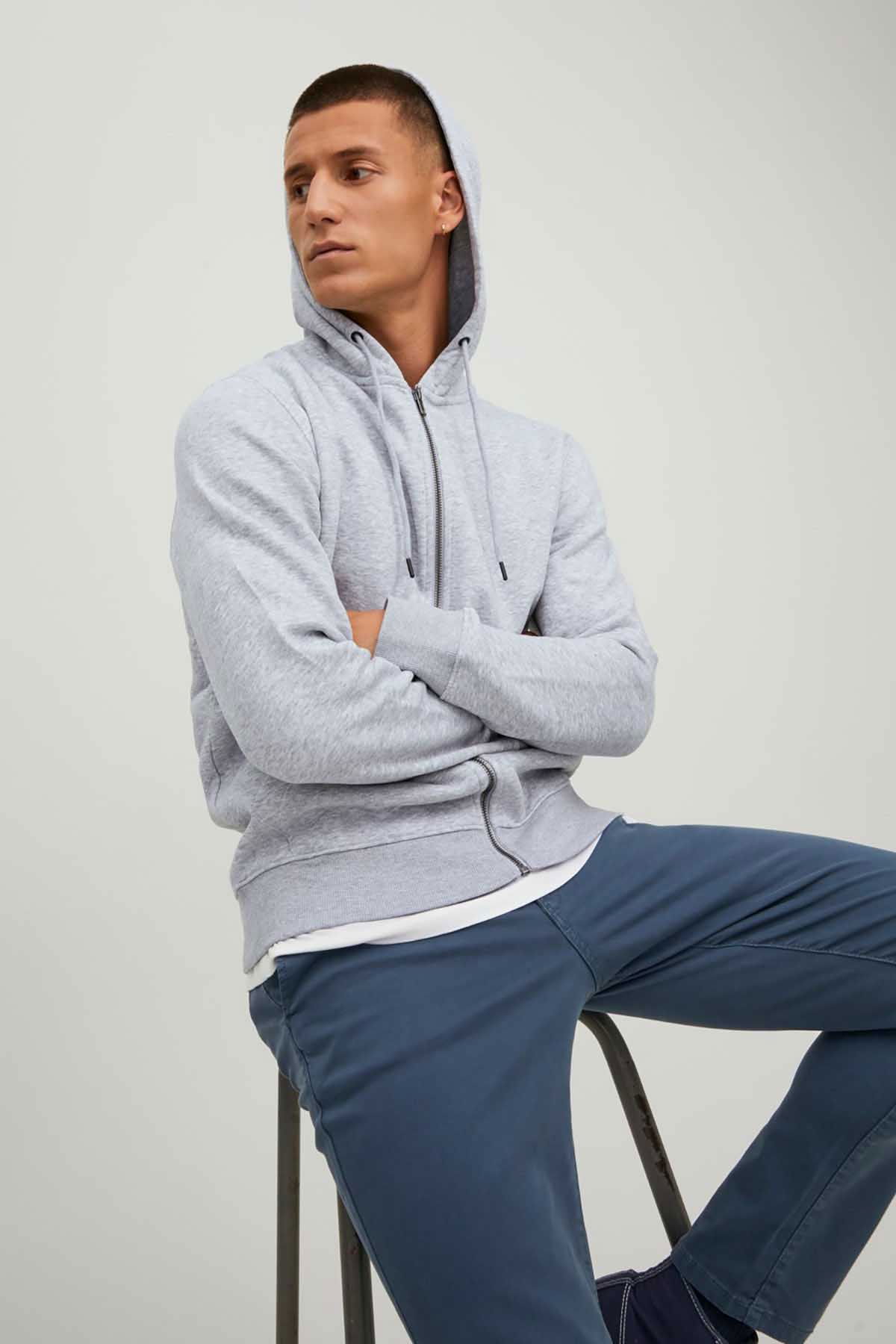 Jack & Jones Erkek Jjestar Çift Cepli Fermuar Kapamalı Kapüşonlu Sweatshirt 12210830 Açık Gri - 3