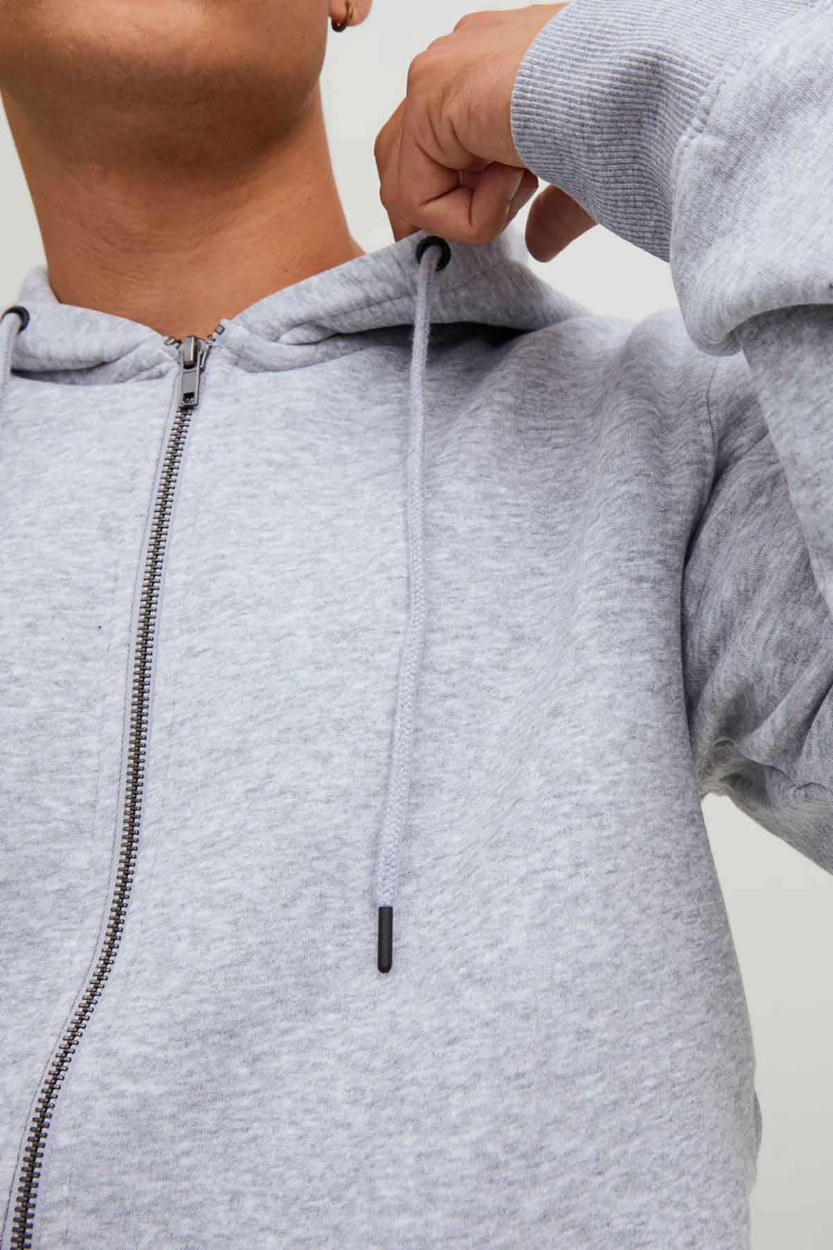 Jack & Jones Erkek Jjestar Çift Cepli Fermuar Kapamalı Kapüşonlu Sweatshirt 12210830 Açık Gri - 4