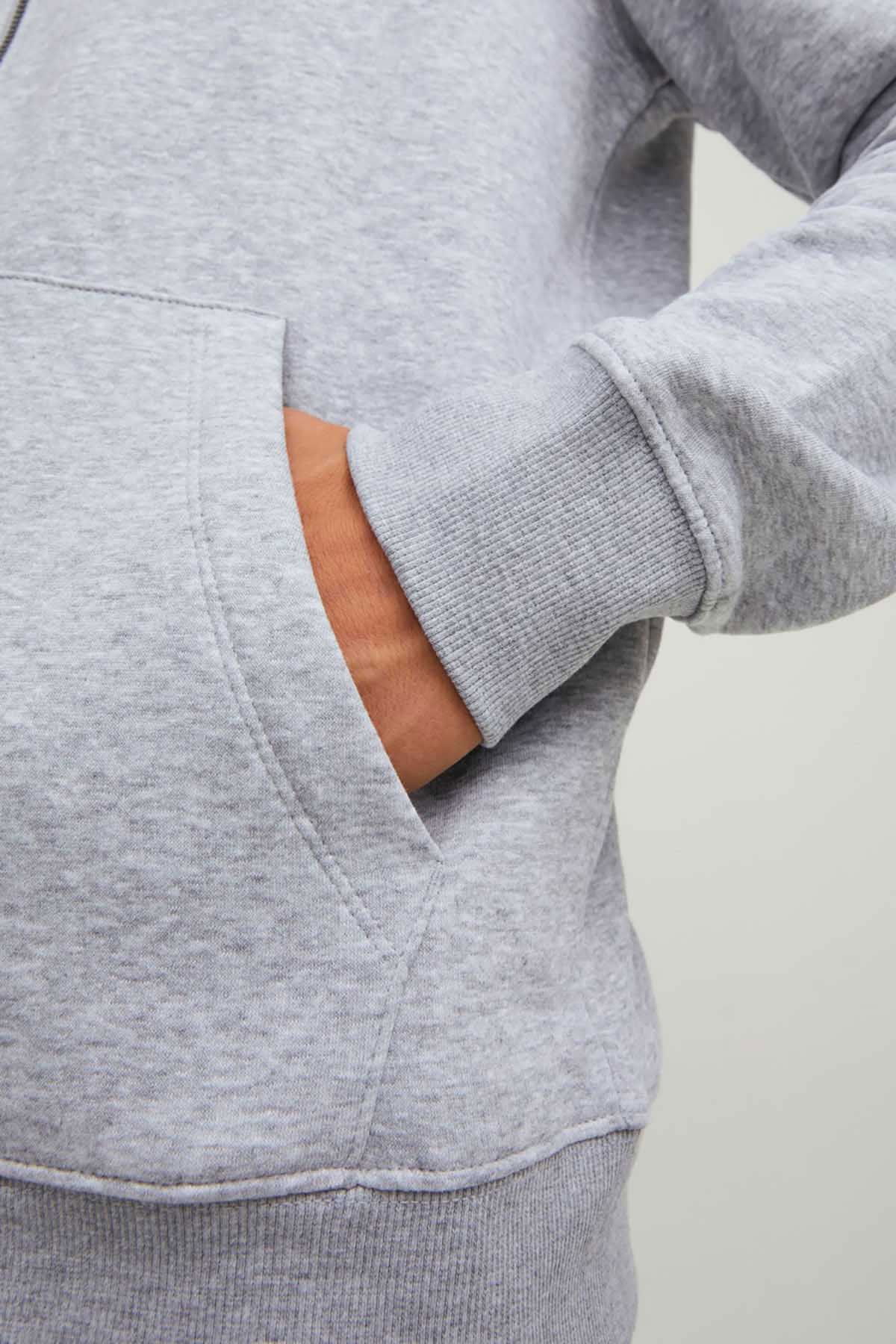 Jack & Jones Erkek Jjestar Çift Cepli Fermuar Kapamalı Kapüşonlu Sweatshirt 12210830 Açık Gri - 6