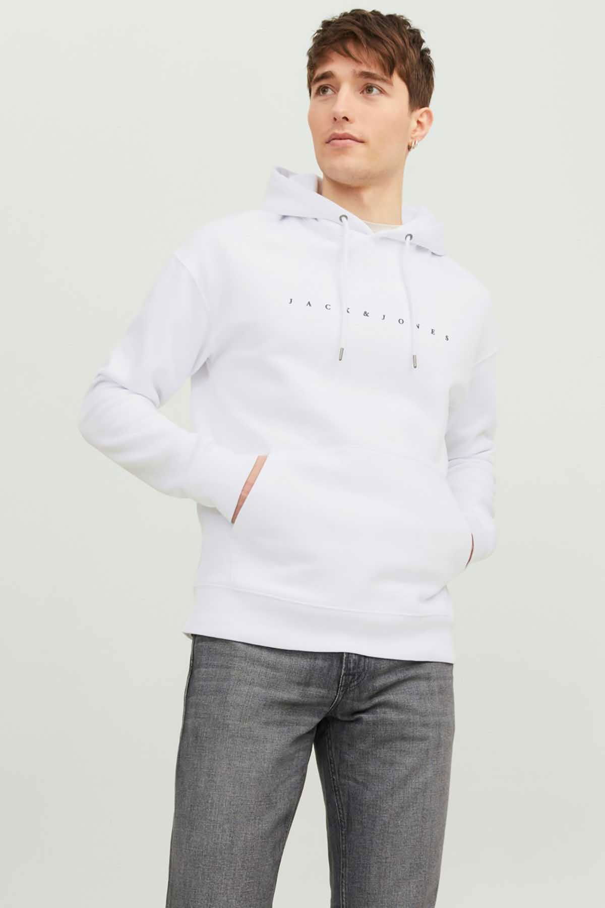 Jack & Jones Erkek Jjestar Kanguru Cepli Kapüşonlu Sweatshirt 12233972 Beyaz - 1