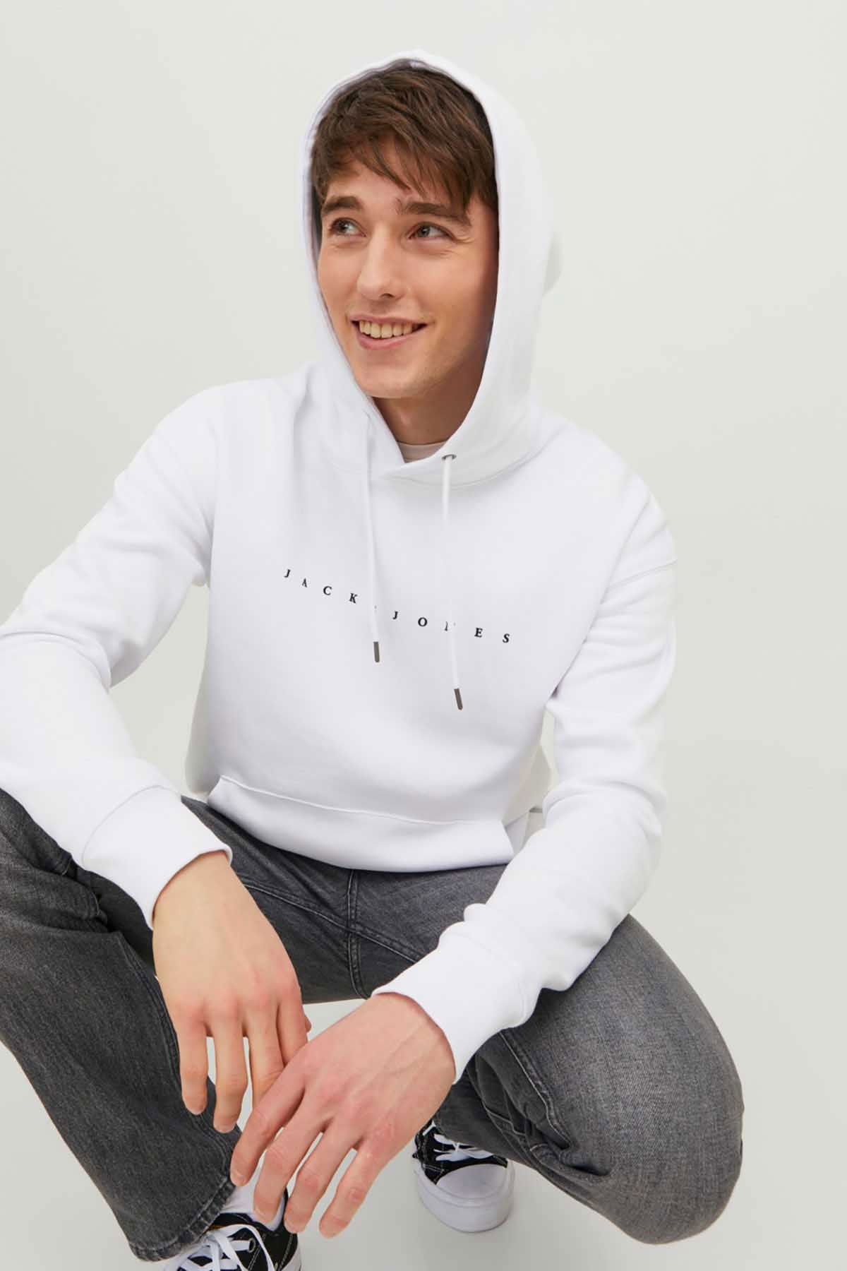 Jack & Jones Erkek Jjestar Kanguru Cepli Kapüşonlu Sweatshirt 12233972 Beyaz - 3