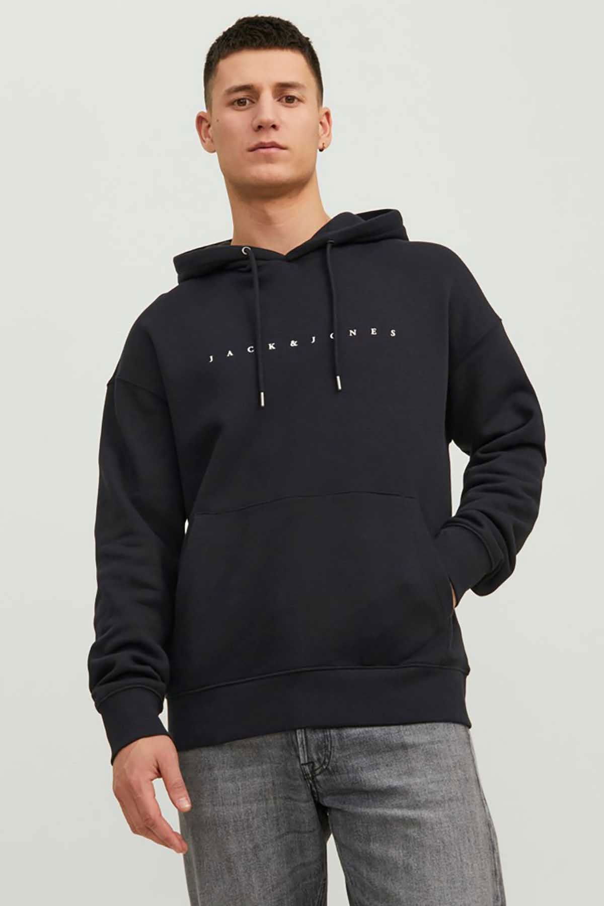Jack & Jones Erkek Jjestar Kanguru Cepli Kapüşonlu Sweatshirt 12233972 Siyah - 1
