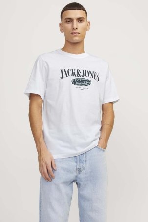 Jack & Jones Erkek Jorcobın Baskı ve Yazı Detaylı Bisiklet Yaka T-Shirt 12250411 Beyaz - 1